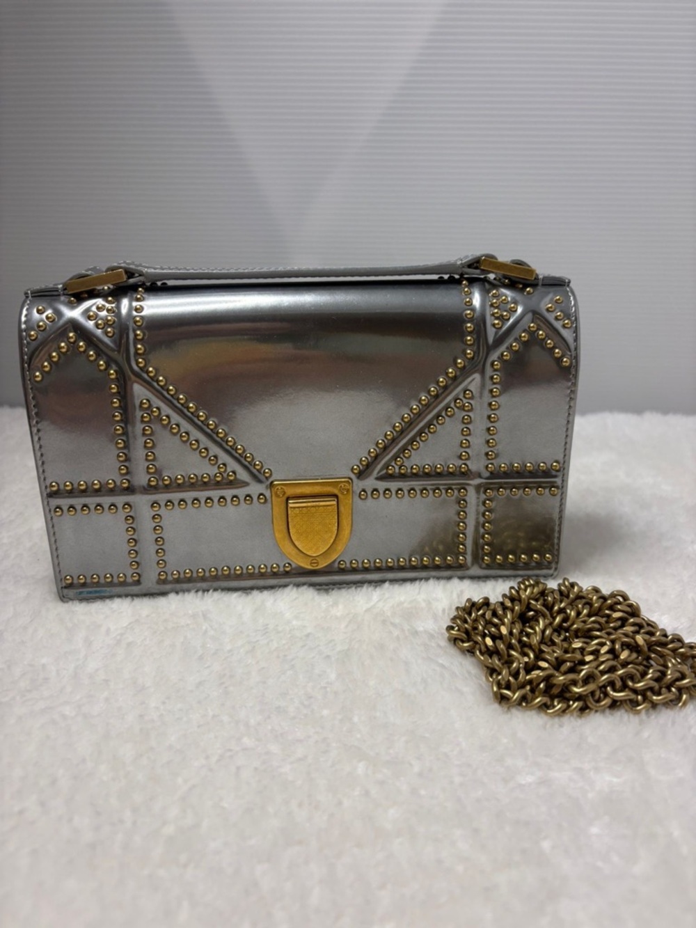 Dior Metallic Silver Studded Clutch on Chain